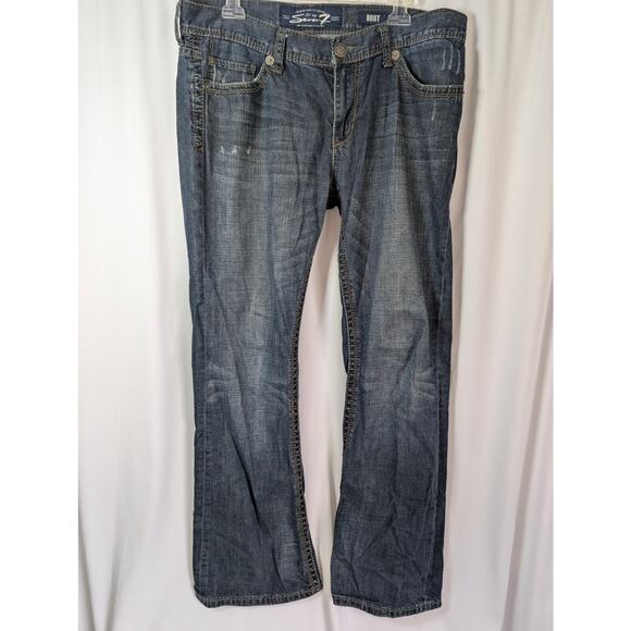 Seven 7 Boot Jeans Mens 34x32 Blue Dark Wash Distressed Flap Pocket - Picture 1 of 11
